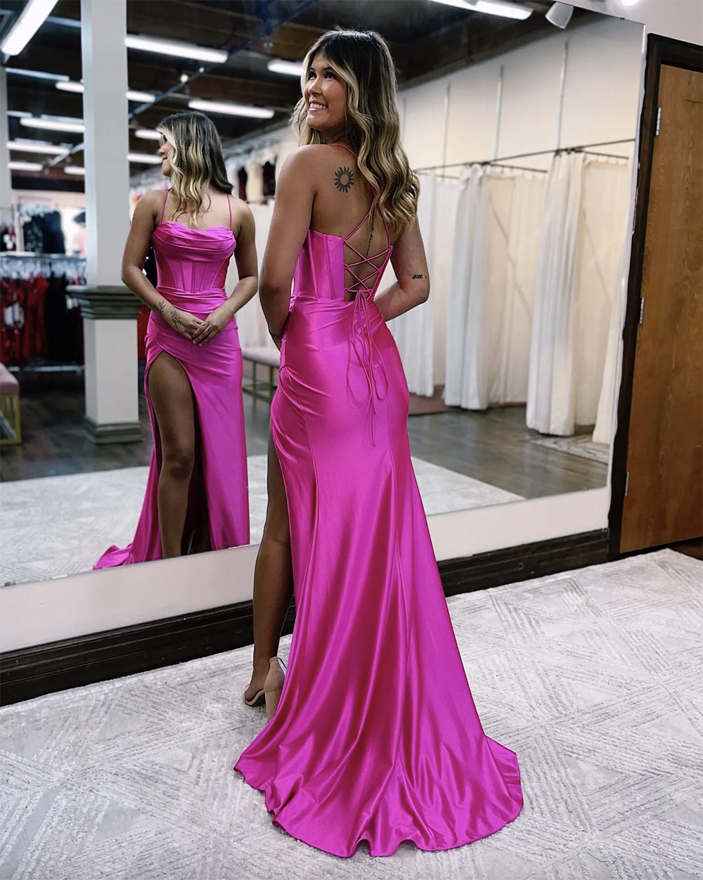 Sexy Rosy Pink Prom Dresses Spaghetti Lace Up Back Party Evening Gowns Pleats Split Formal Long Special Occasion dress