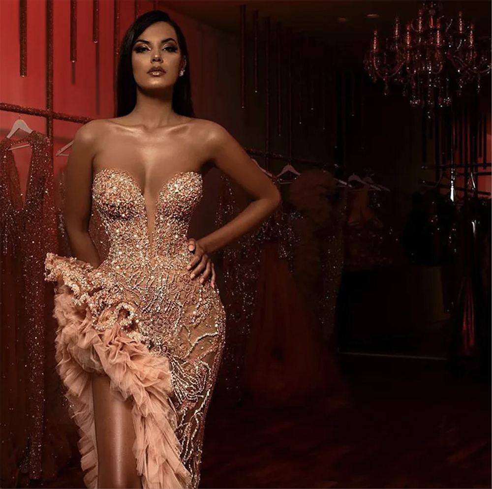 Lüks sevgilim deniz kızı gece elbisesi 2024 ışıltılı boncuklu fırfırlar yüksek yarık Arapça balo elbiseleri vestidos de ocasion formaller