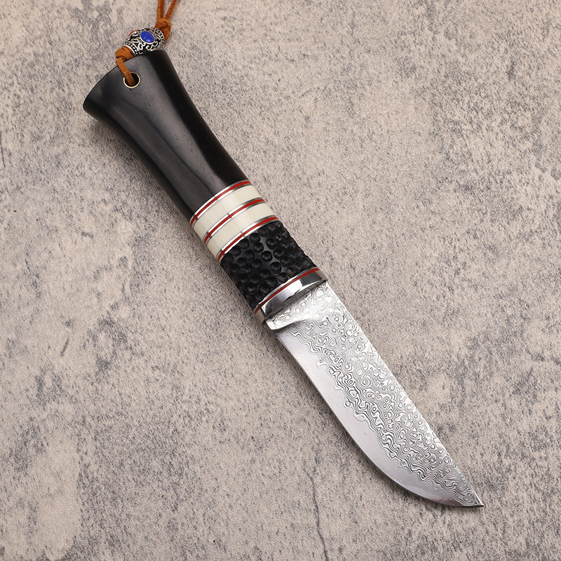 Promozione A2251 Coltello da caccia dritto sopravvivenza all'aperto VG10 Coltello a punta dritta in acciaio di Damasco con manico in legno Coltelli a lama fissa con fodero in pelle