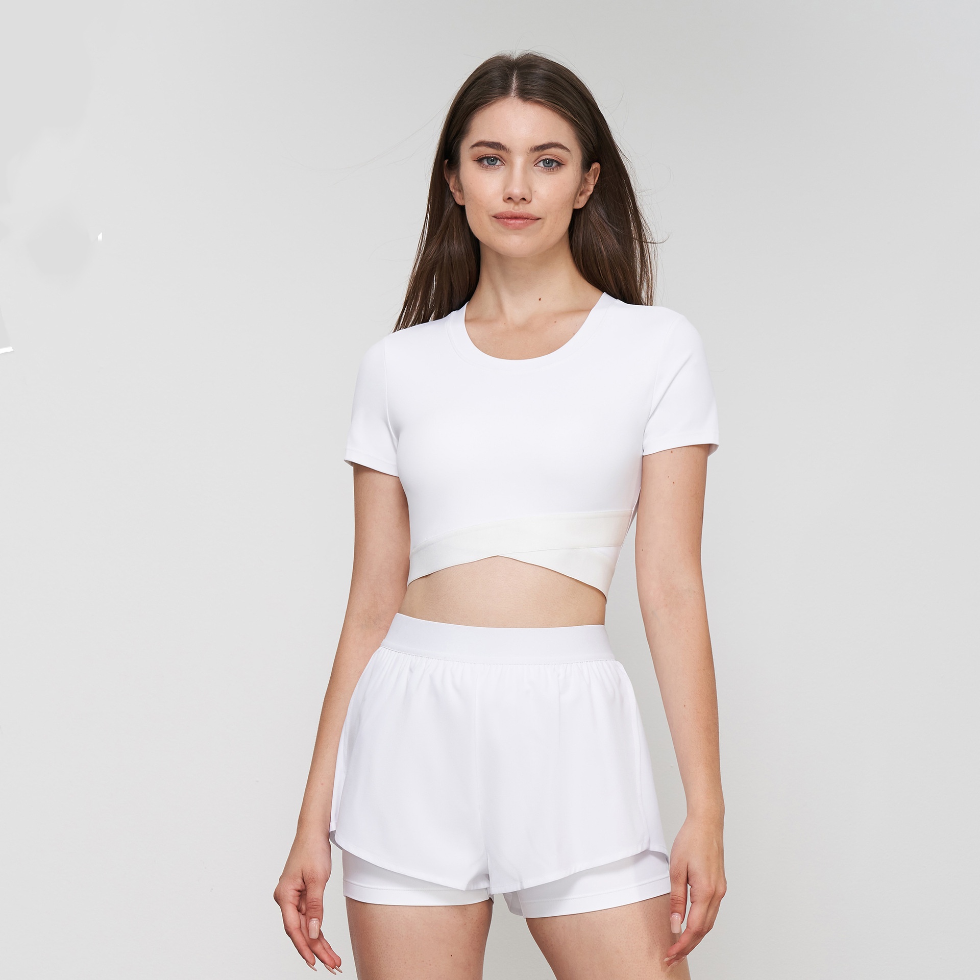 LU-1932 Cross Waistline Stitching Hem Tennis Fitness T-shirt Fake Two-piece Yoga Shorts Sports Suit