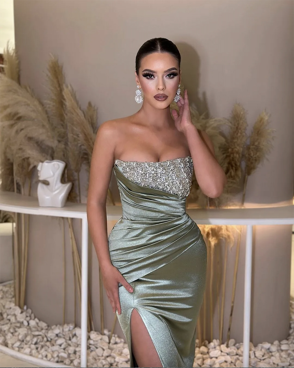 Robe de bal verte élégante, sans bretelles, tenue de soirée, plis, fente sur les cuisses, longue, formelle, pour occasions spéciales