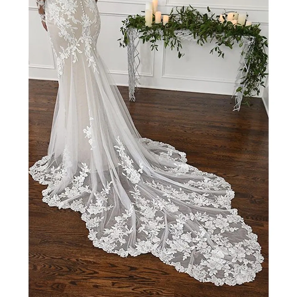 Sexy Backless Beach Lace Wedding Dress Long Sleeves Mermaid Bohemian Bridal Gowns Sheer Neck Applique Summer Vestido De Novia 2024