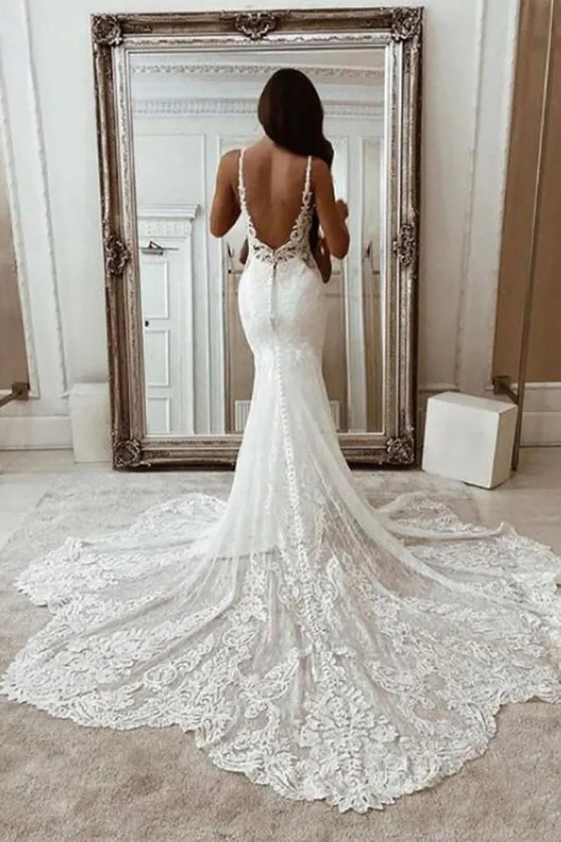 Abiti da sposa a sirena in pizzo bohémien con cinturino spaghetti in morbido tulle sexy abiti da sposa lunghi senza schienale senza maniche abito da sposa da sposa Boho Beach