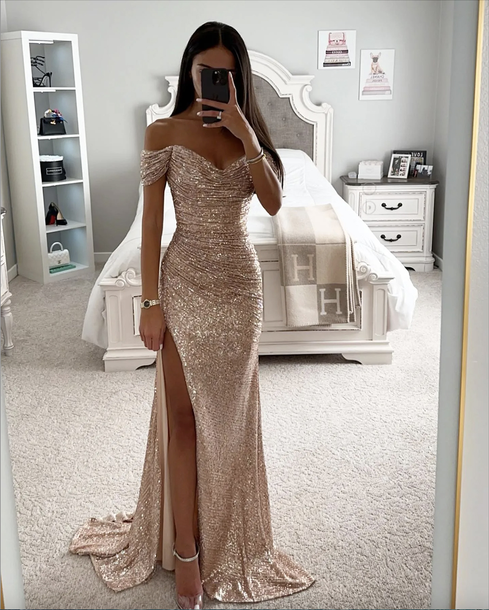 Robe de bal élégante Champagne, épaules dénudées, paillettes, paillettes, plis fendus, formelle, longue, pour occasions spéciales