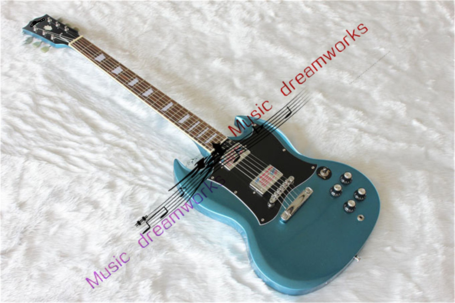 Niebieski srebrny proszek G-400 Wysokiej jakości gitara elektryczna SG, sprzęt sprzętowy niklu, duża tablica ochrony pickupu, w magazynie, szybka wysyłka