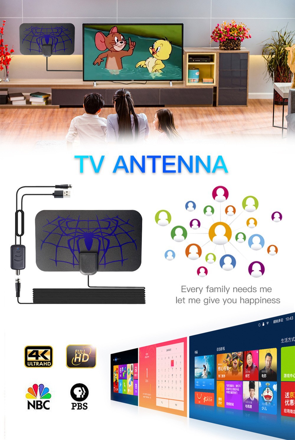 1500 miles Spider HD Digital TV Antenna inomhus DVB-T2 1080P HDTV AMPLIFIFICERAD SIGNAL BOOSTER Mottagare 4K Interiör TV-antenn IPTV