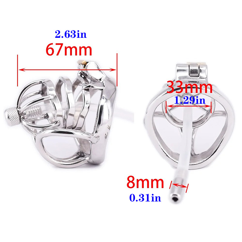 Stainless Steel Male Chastity Devices with Anti-off Ring Testicle Restraints Gear Cock Cage with Urethral Catheter