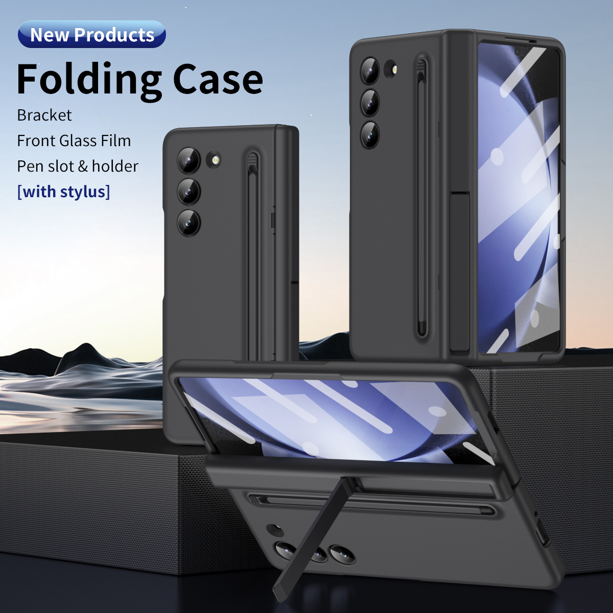Samsung Galaxy Z Fold 5 4 3 Fold3 Fold4ケースガラスフィルムスタンドヒンジスタンド保護カバーの目に見えないペンスロット