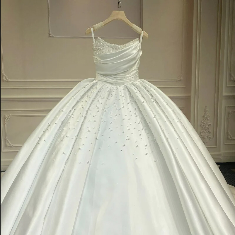 Luxury Lustrous Satin Princess Ball Gown Wedding Dresses Pearl Beaded Off The Shoulder White Ivory Wedding Dress