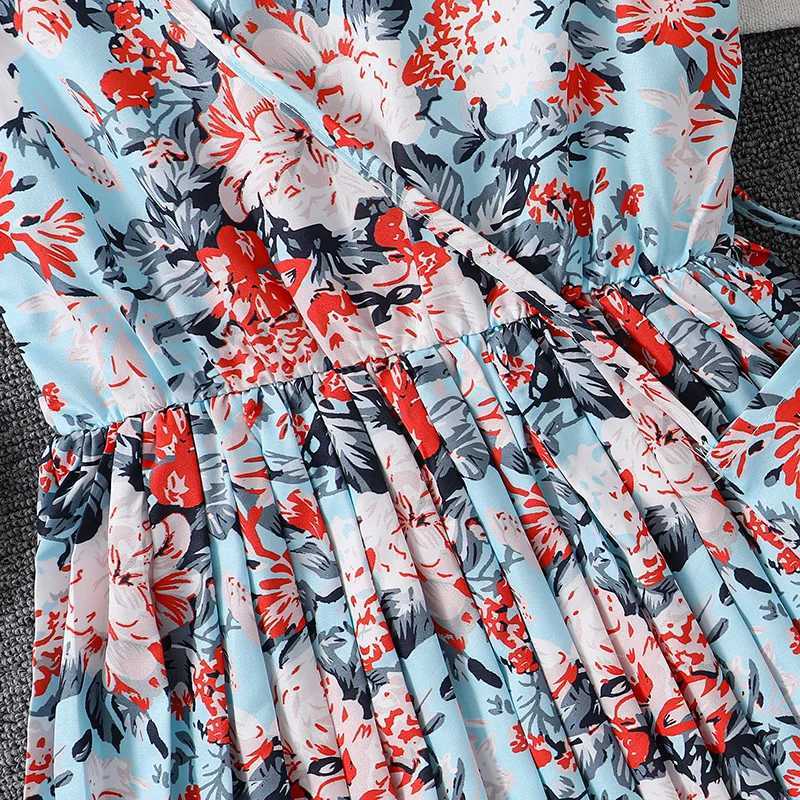 Robes de fille 2024 nouvelle robe plissée à manches volantes imprimée bleue robe de fille florale vacances confortable quotidien décontracté vacances Style pastoral DressL2402