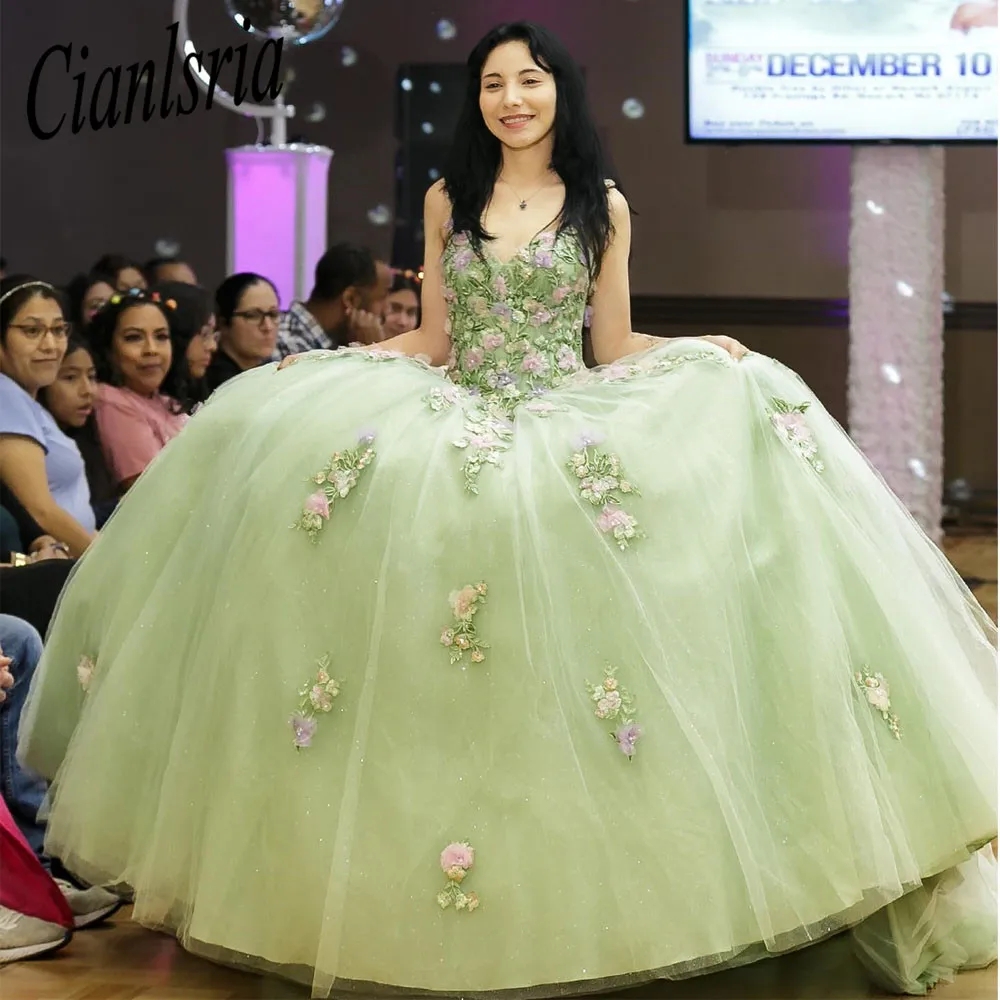 Puffy Princess Quinceanera Dresses Spaghetti Straps 3D Floral Gillter Sequins Lace-up Corset Vestidos 15 anos rosa