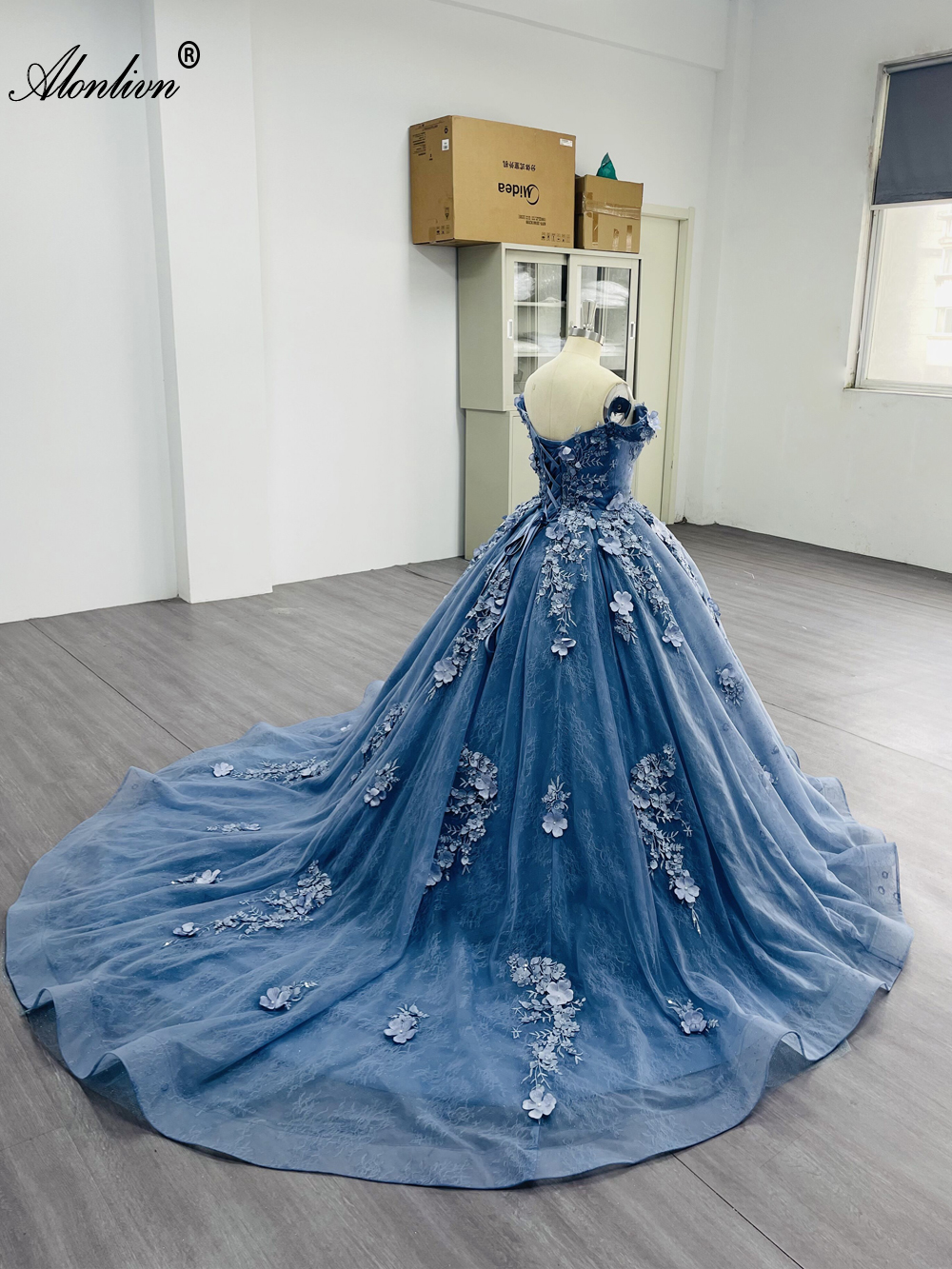 Alonlivn elegância fora do ombro mangas vestido de baile vestidos de casamento frisado bordado rendas 3d flores querida princesa vestidos de noiva