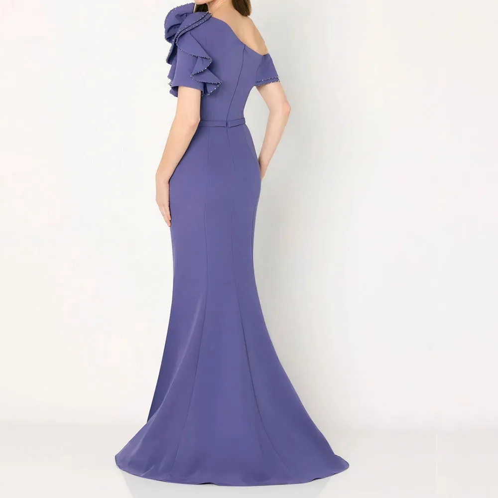 .Elegant Lavender Mermaid Mother Of The Bride Dresses Off The Shoulder Long Satin Slim Formal Occasion Evening Dress Women Hand Made Flowers Chic Wedding Guest Gowns