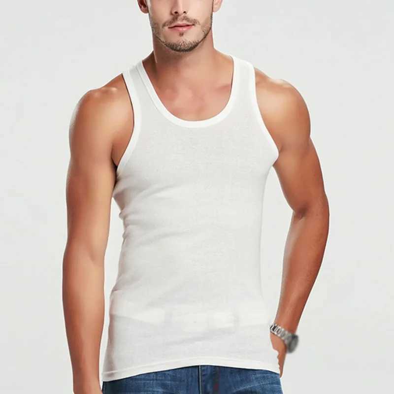 Herrtankstoppar Nya herrarna Slim Fit Casual Sport Round Neck Bodybuilding Tank Top Gym Y-back Muscle Vest Workout Elastic Bottom Men Vest T-Shirtl2402