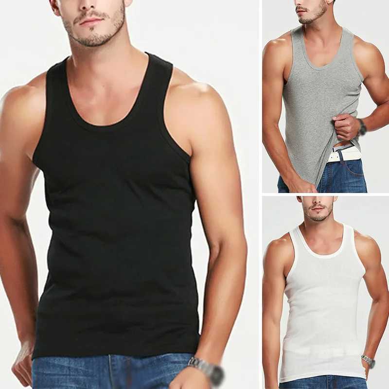 Herrtankstoppar Nya herrarna Slim Fit Casual Sport Round Neck Bodybuilding Tank Top Gym Y-back Muscle Vest Workout Elastic Bottom Men Vest T-Shirtl2402