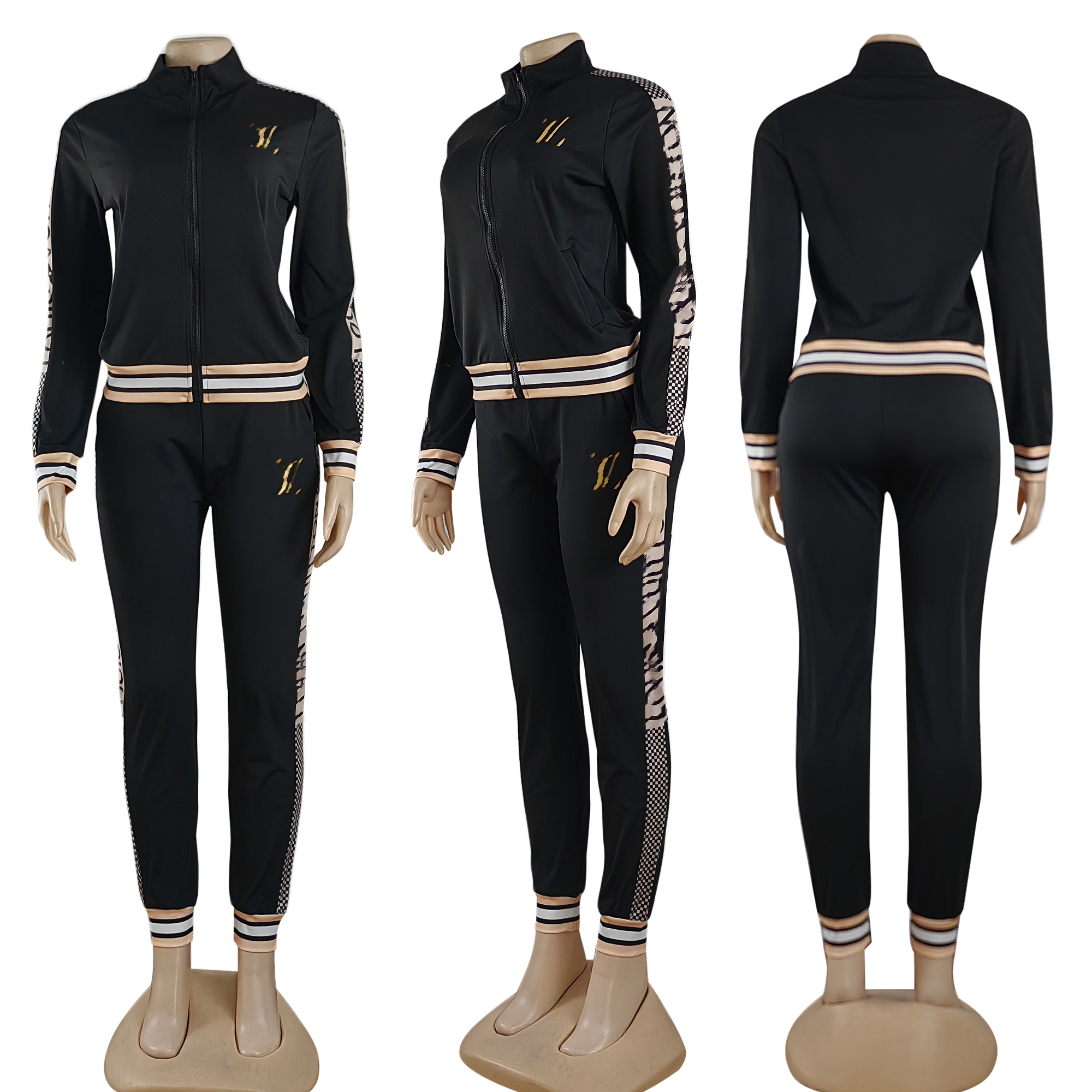 Women two piece pants white tracksuit casual jogging zip up jacket and black designer sweatpants set set free ship