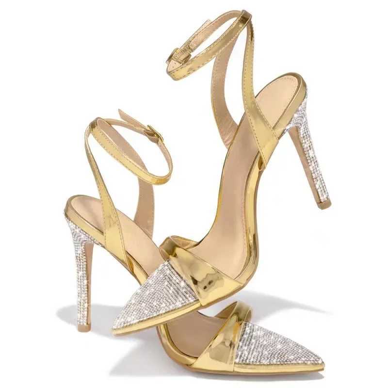 Sandalen Vrouw Hakken Dames Sandalen Elegante Luxe Kristal Band Lederen Hakken Stijlvolle Sexy Party Gouden Puntschoen Stiletto HeelL2402