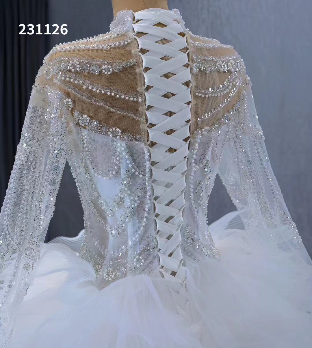 Elegante vestido de baile de casamento nupcial vestidos cauda longa pescoço alto brilhante SM231126
