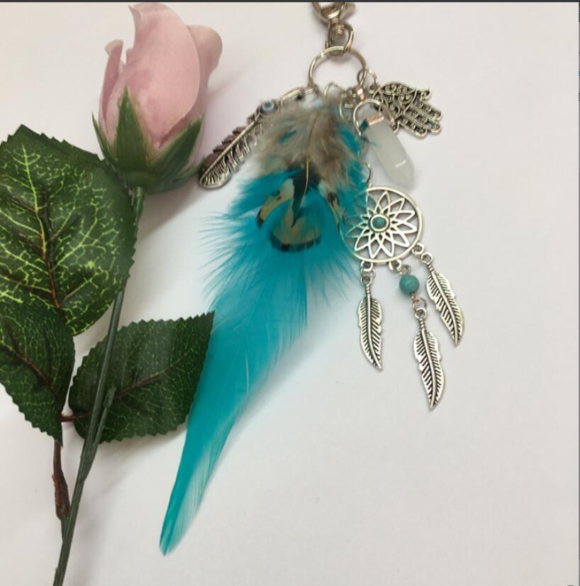 Porte-clés de voiture attrape-rêves, pendentif pompon plume, sac de paume Turquoise