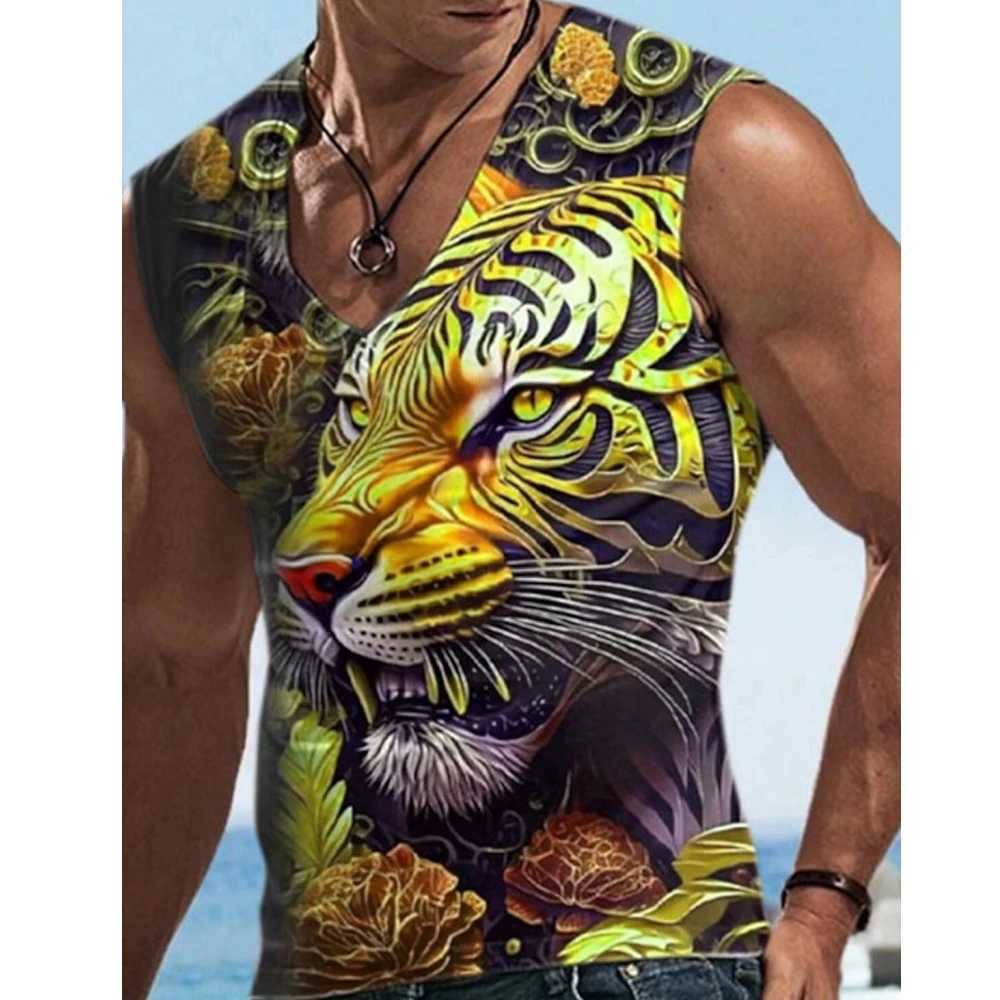 Tanktops voor heren Nieuwe mode Mouwloze print Zomer Heren Leeuwpatroon Vrije tijd Oversize V-hals Kleding Ademend ondershirt Fitness tanktopsL2402