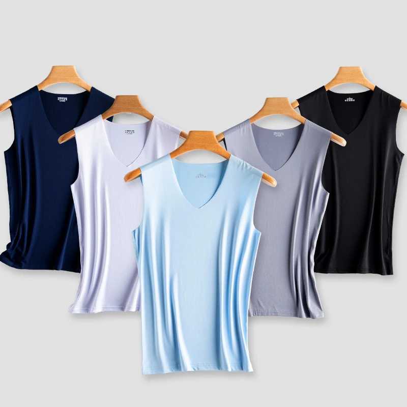 Camisetas sin mangas para hombre, chaleco de seda de hielo fresco de verano, camisetas sin mangas con cuello en V, camisetas interiores de culturismo sin costuras, camiseta sin mangas deportiva informal para hombre L2402