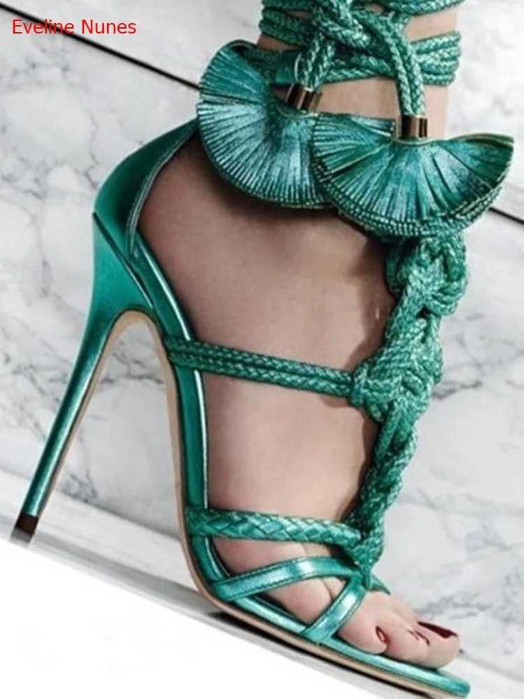 Sandals Knotted Braided Leather Sandals Summer New Arrival Ankle Lace-Up Solid Color Fashion Versatile Colorful Pop High Heels WomenL2402