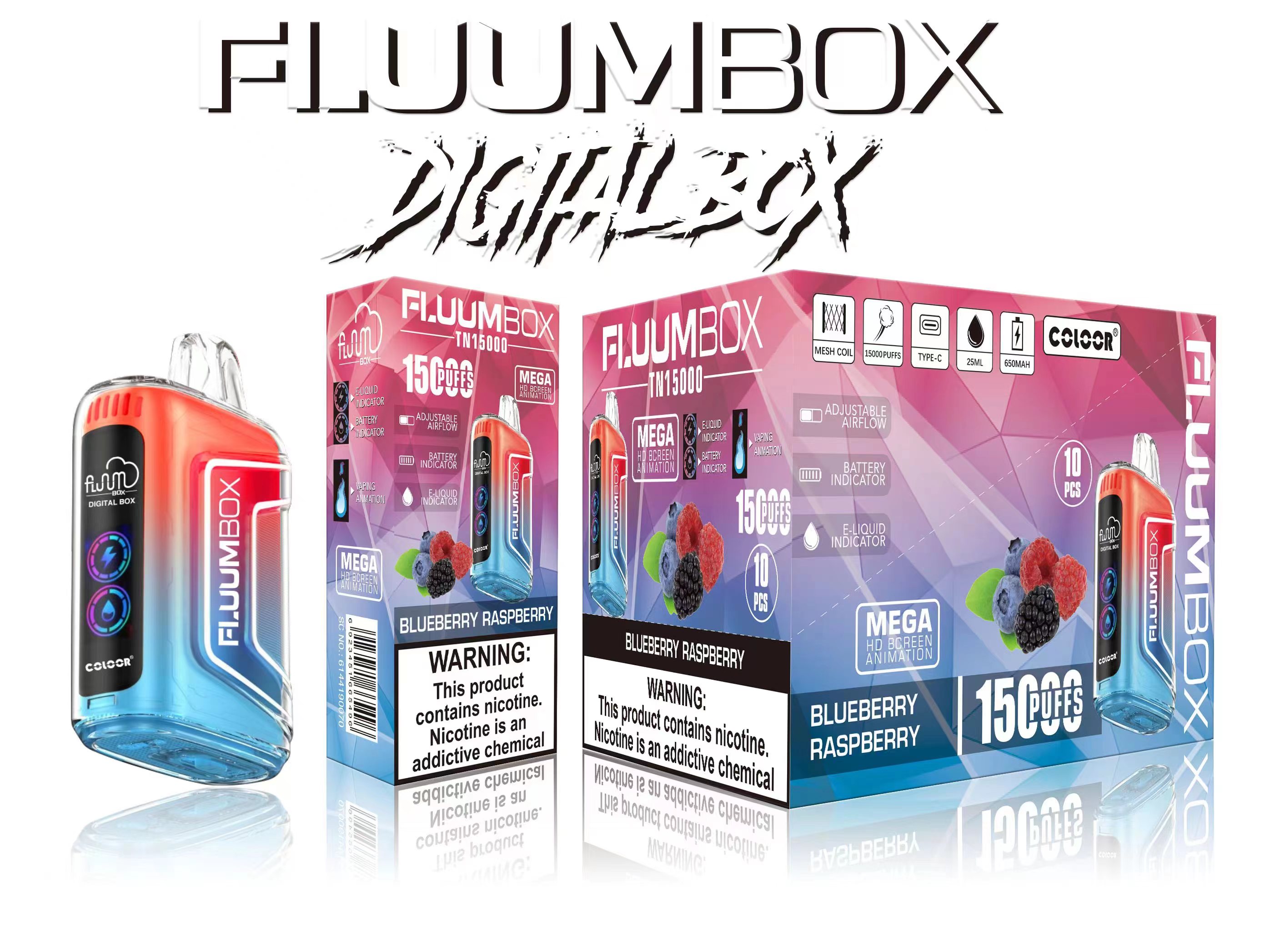 Fluum Box 15000 퍼프 15K 퍼프 일회용 E 담배 VAPE 펜 25ml 사전 채워진 메쉬 코일 포드 카트리지 650mAh 충전식 배터리 15K 퍼프 0%2%3%5%