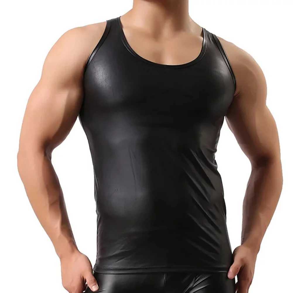 Regatas masculinas Mens Wet Look Faux Leather Undershirt Regatas Colete Sem Mangas T-Shirt PU Undershirt Colete Cueca Gay Masculino Undershirt A5L2402