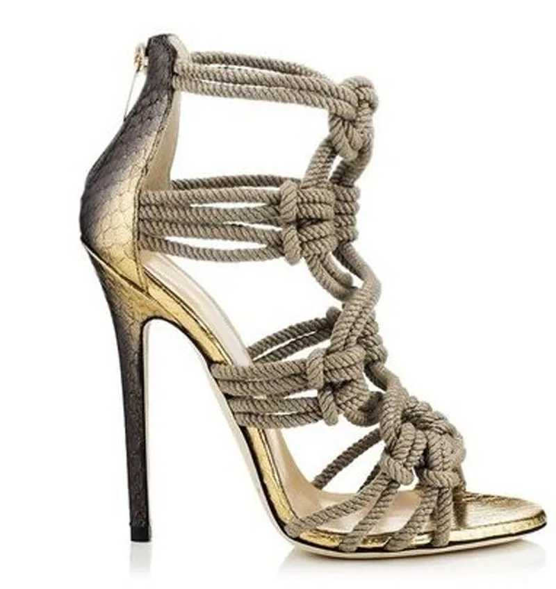 Sandalias Nuevas sandalias de verano con nudo cruzado y cuerda, sandalias de gladiador para mujer, tacones altos finos, punta abierta, tacones altos para mujer, vestido de fiesta, tacones de aguja ShoesL2402