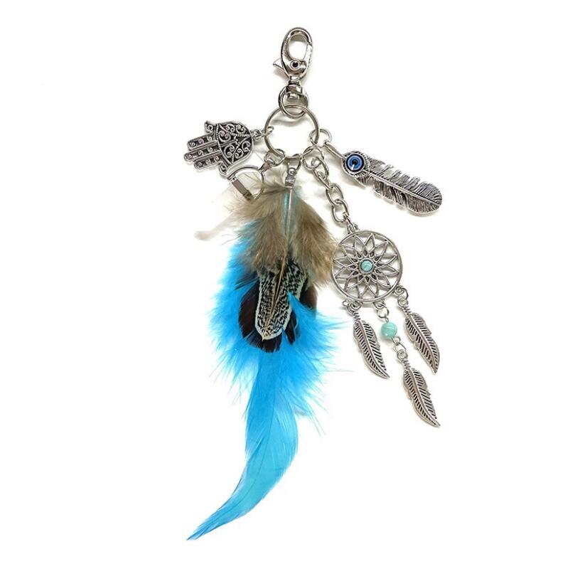 Porte-clés de voiture attrape-rêves, pendentif pompon plume, sac de paume Turquoise