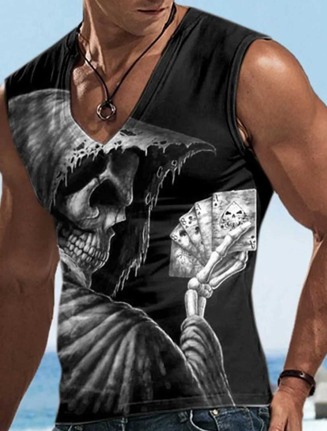 Men's Tank Tops 2023 Four Seasons Mens Sports T-Shirt 3D Pattern Skull Print Retro Sleeveless Undershirt MenCasual Sleeveless V-Neck StreetwearL2402