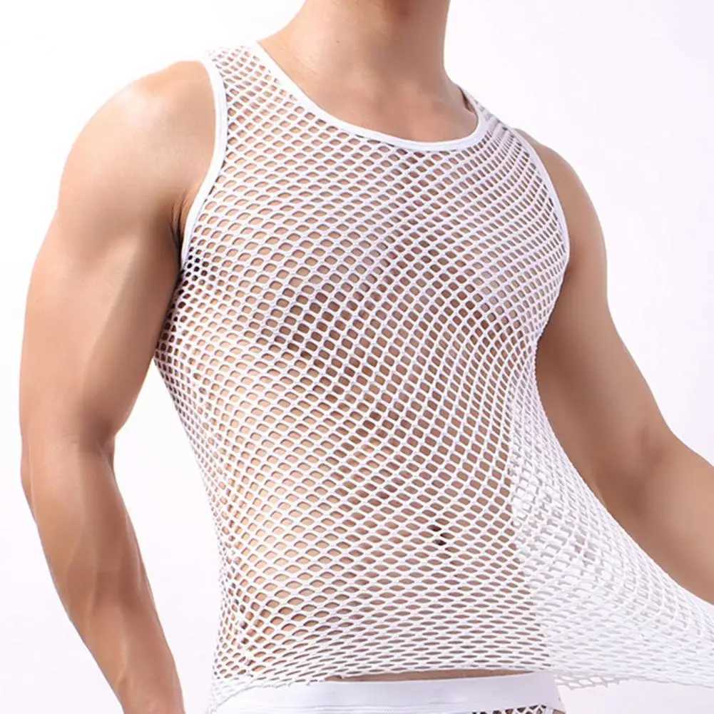 Herrtankstoppar fisknät män sexiga mesh tank tops transparent sömn toppar manliga underkläder ren färg väst ärmlösa toppar underkläder manlig undertröja2402