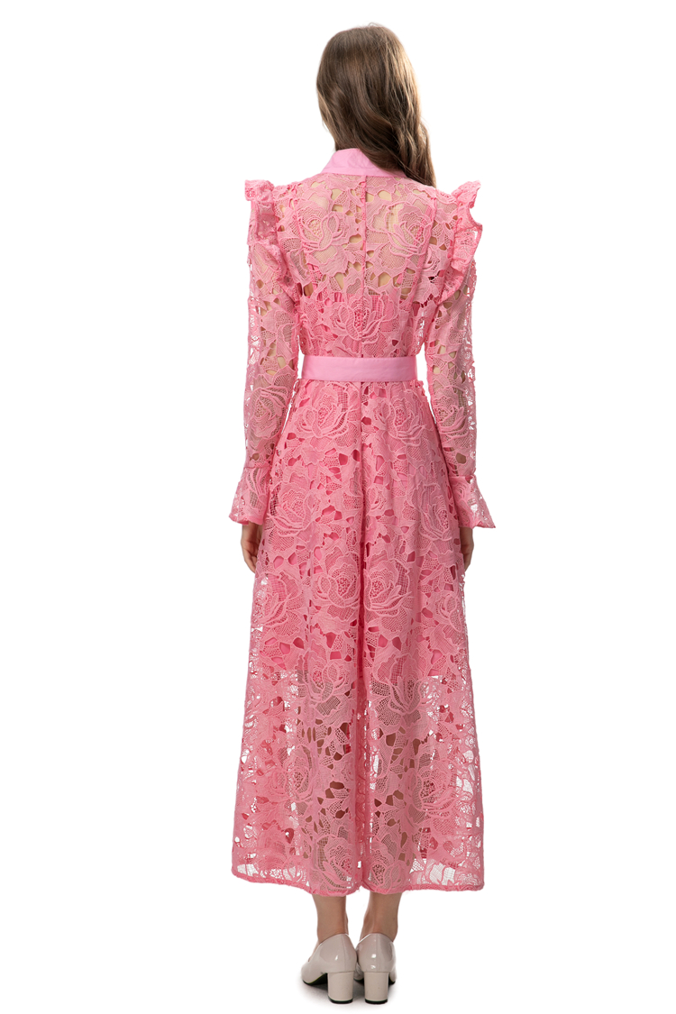 Women's Runway Dresses Stand Collar Long Sleeves Embroidery Lace Ruffles Single Breasted Fashion Party Prom Gown