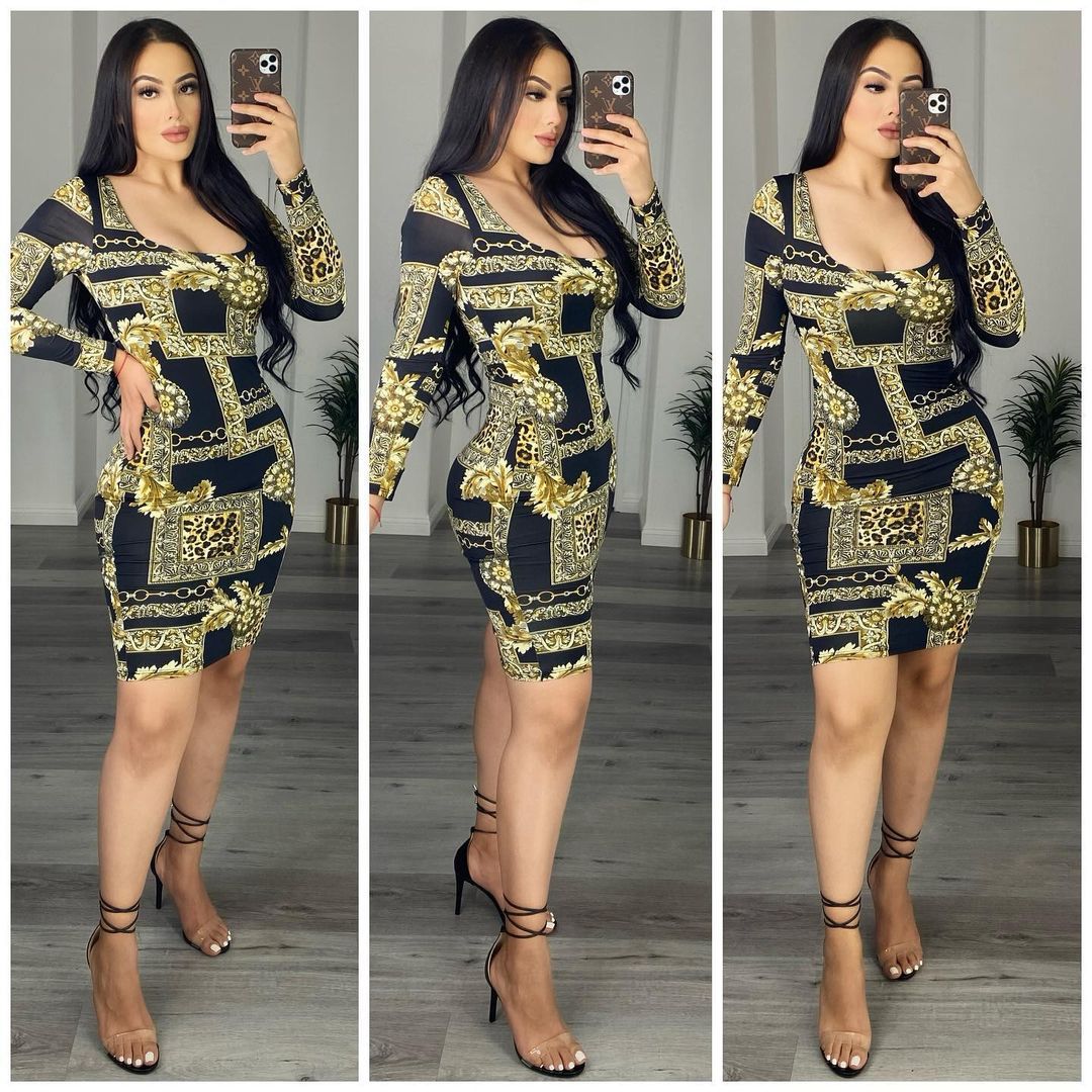 Leopard Print Dresses Women Fashion Crew Neck Long Sleeve Bodycon Mini Dress Free Ship