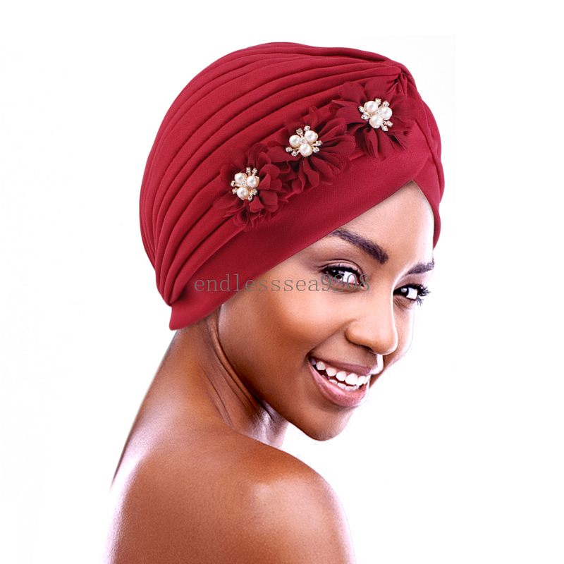 Nuevas perlas perlas grandes flores turbantes turban turbante musulmán Hijab sombrero de capó sombrero de quimioterapia hijabs interior de la cabeza árabe sombrero indio