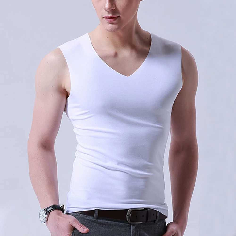 Men's Tank Tops Ice Silk Mens Solid Tank Tops Sexy V Neck Sleeveless Vests Male No Trace Undershirt Elastic Fitness Casual Bodybuilding SuitsL2402