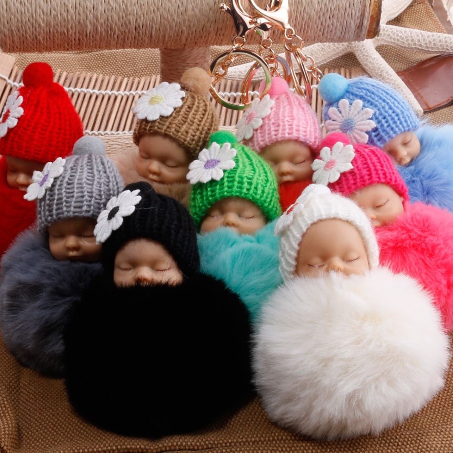 Inverno Carino Fluffy Pompon Sleeping Baby Doll Portachiavi Morbida pelliccia sintetica Palla Ciondolo Portachiavi Auto Portachiavi Cellulare Charm307I