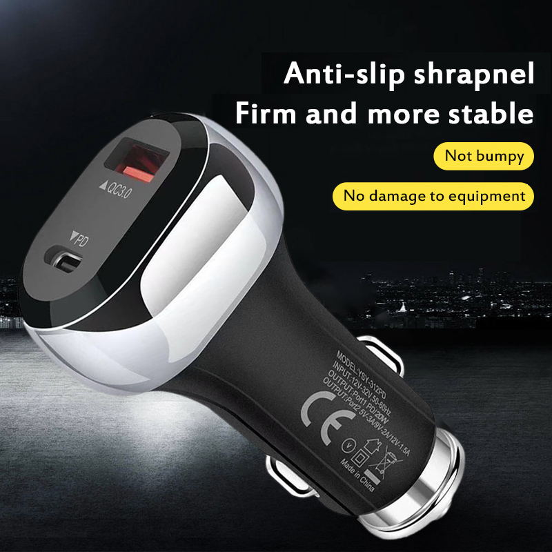 38W USB-C Dual Port Car Charger USB-C PD 20W and QC 3.0 USB-A 18W Car Adapter