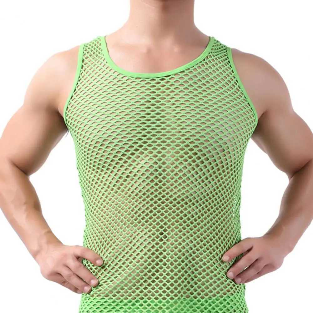 Herrtankstoppar fisknät män sexiga mesh tank tops transparent sömn toppar manliga underkläder ren färg väst ärmlösa toppar underkläder manlig undertröja2402