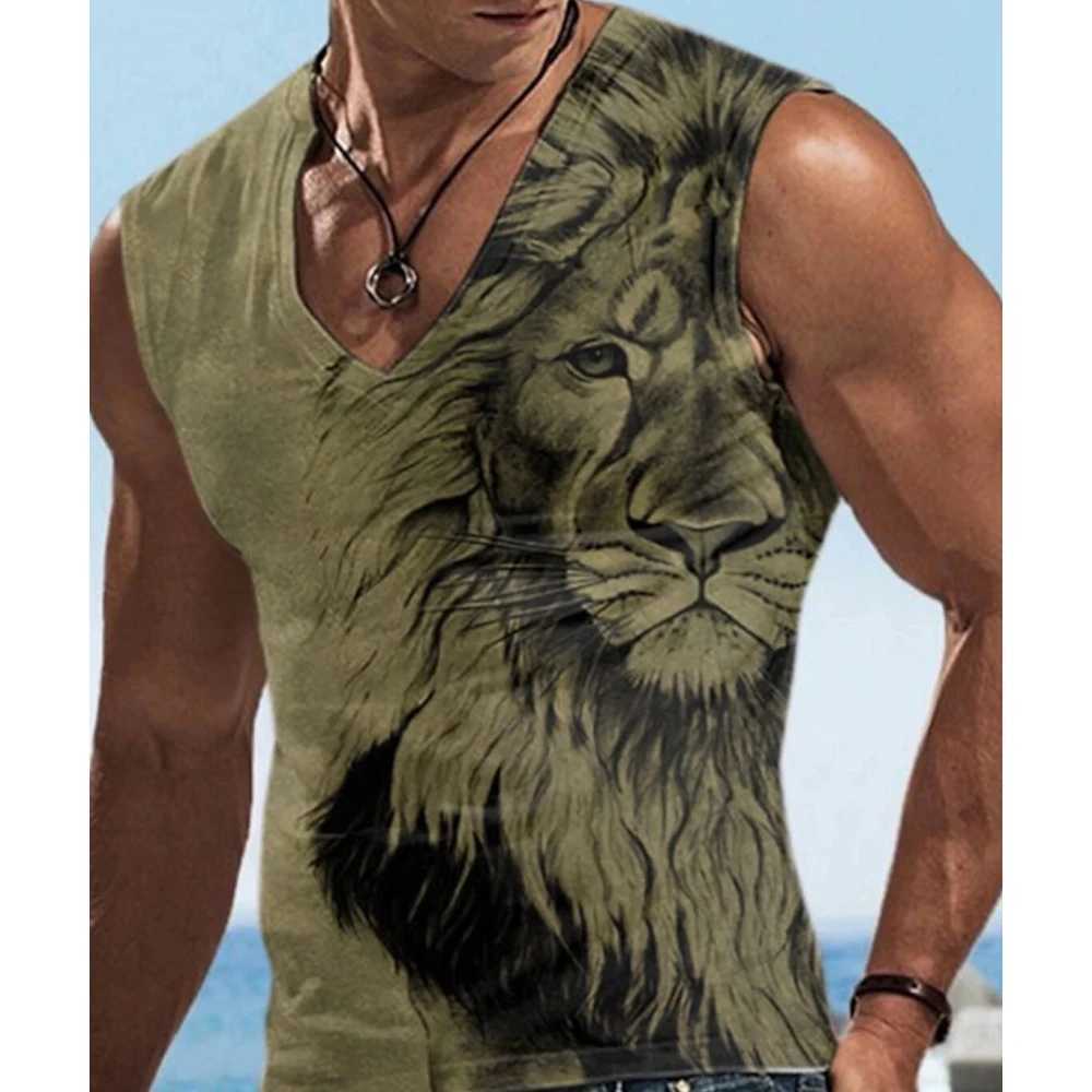 Tanktops voor heren Nieuwe mode Mouwloze print Zomer Heren Leeuwpatroon Vrije tijd Oversize V-hals Kleding Ademend ondershirt Fitness tanktopsL2402