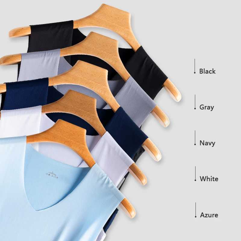 Camisetas sin mangas para hombre, chaleco de seda de hielo fresco de verano, camisetas sin mangas con cuello en V, camisetas interiores de culturismo sin costuras, camiseta sin mangas deportiva informal para hombre L2402