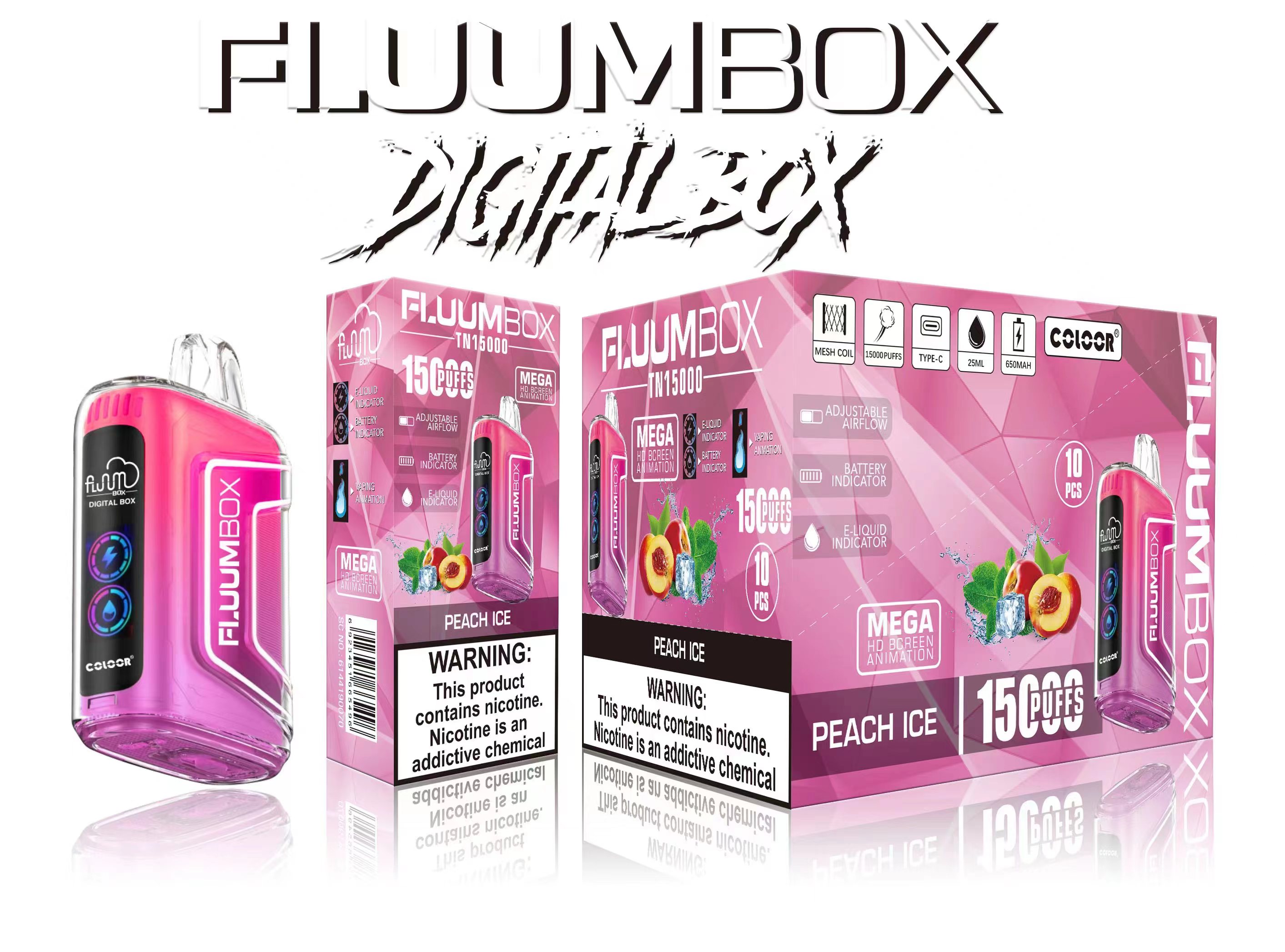 Fluum Box 15000 Puff 15k Puff Ujeżdżalne E papierosy Vape Pen 25 ml wstępnie wypełniona cewka z cewki siatkowej 650 mAh Bateria do ładowania 15K Puff 0%2%3%5%