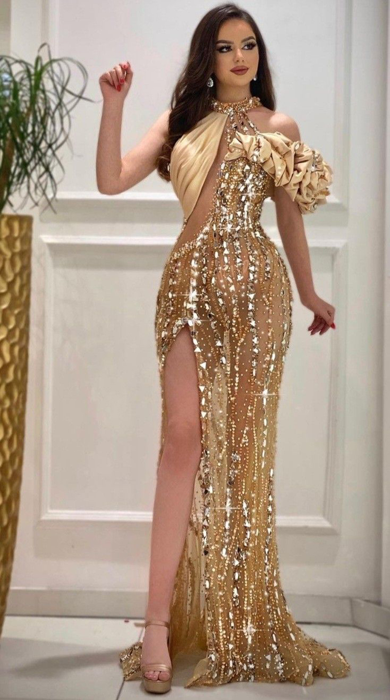 Sexy Meerjungfrau-Abschlussballkleider, glitzernde Kristallperlen, Illusionsmieder, Abendkleider mit hohem Schlitz, maßgeschneidertes Kleid für besondere Anlässe