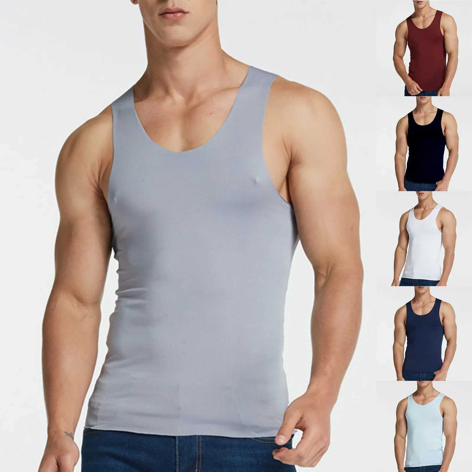 Homens Tops Homens Seda Gelo Sem Costura Colete Regatas Roupa Interior Slim Fit Undershirt Camisas Masculino Corpo Shaper Fitness Sem Mangas Mens Running VestL2402