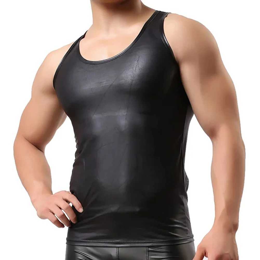 Regatas masculinas Mens Wet Look Faux Leather Undershirt Regatas Colete Sem Mangas T-Shirt PU Undershirt Colete Cueca Gay Masculino Undershirt A5L2402