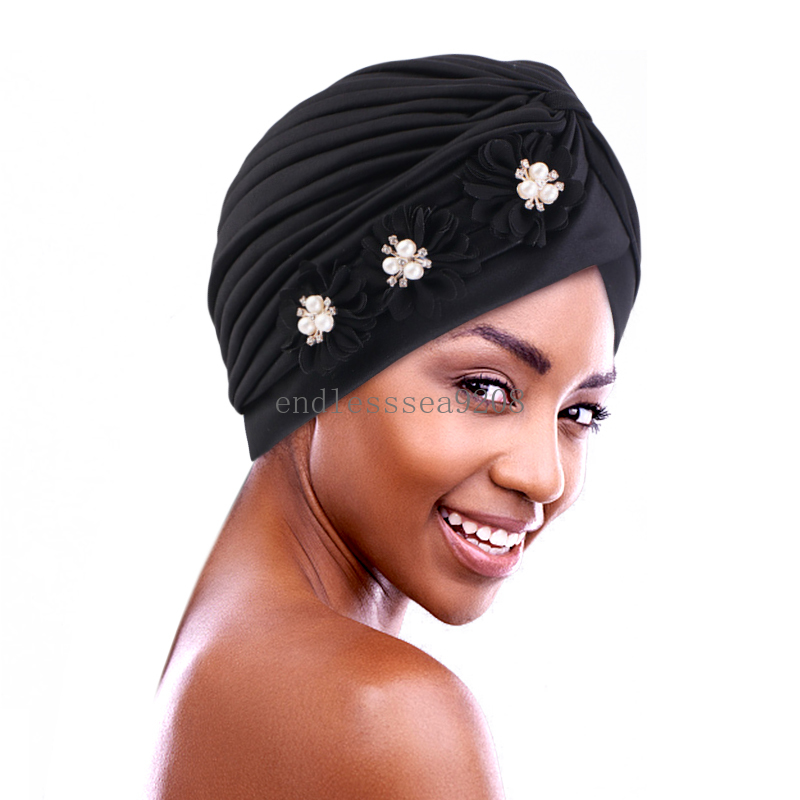 Nuevas perlas perlas grandes flores turbantes turban turbante musulmán Hijab sombrero de capó sombrero de quimioterapia hijabs interior de la cabeza árabe sombrero indio