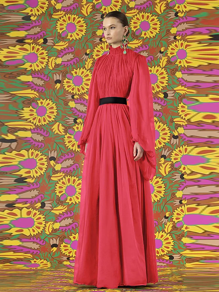 Lange Kleider für Damen, Frühling, hochwertige Mode, Party, lila, rosa, rot, plissiert, lässig, süß, hübsches Langarmkleid