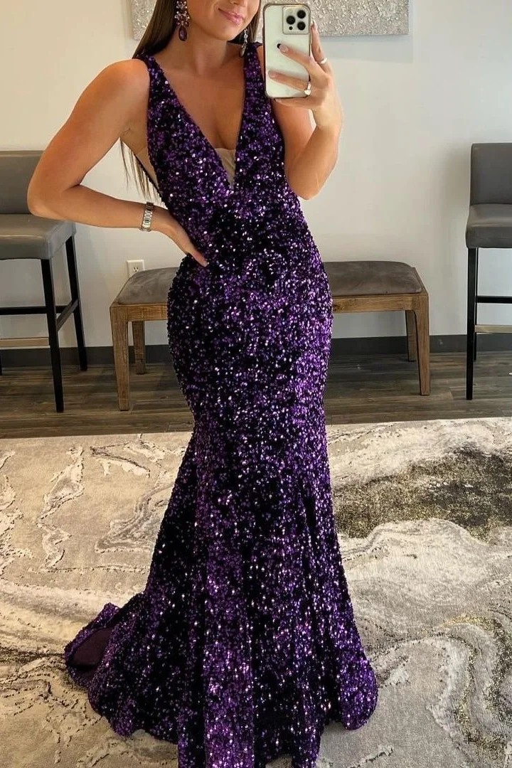 Elegant Plus Size Purple Mermaid Evening Dresses Deep V Neck Sequined Pleats Formal Evening Party Dress Prom Birthday Pageant Celebrity Special Occasion Gowns