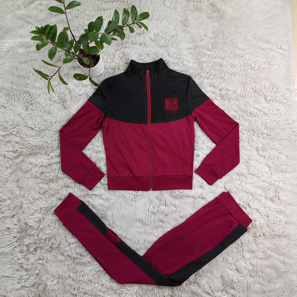 Women's Two Piece Pants Burgundy Morning Running Tracksuit Casual Jogging Zip Jacket and Designer Sweatpants Suit Set Free Ship