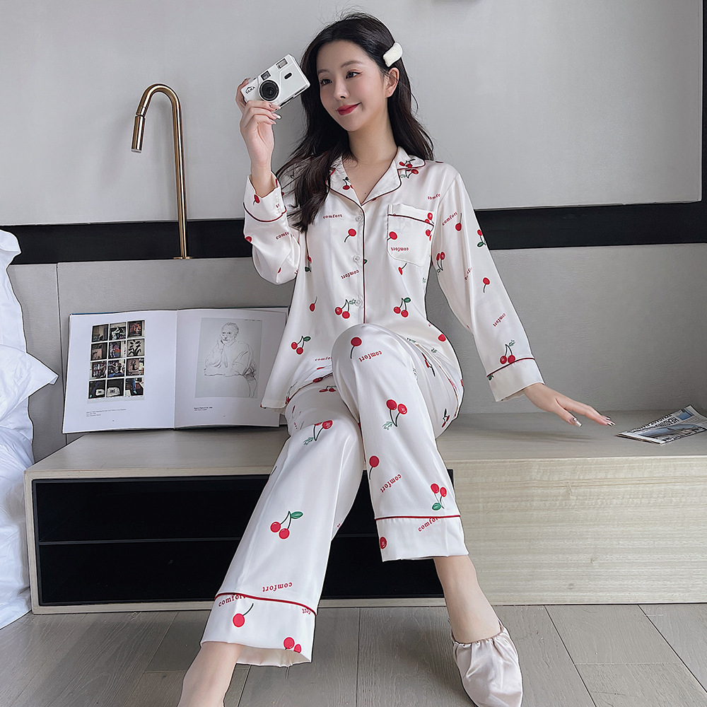 New Sleepwear Women's Ice Silk Long sleeved Printed Cherry Home Fury Sweet and Cute